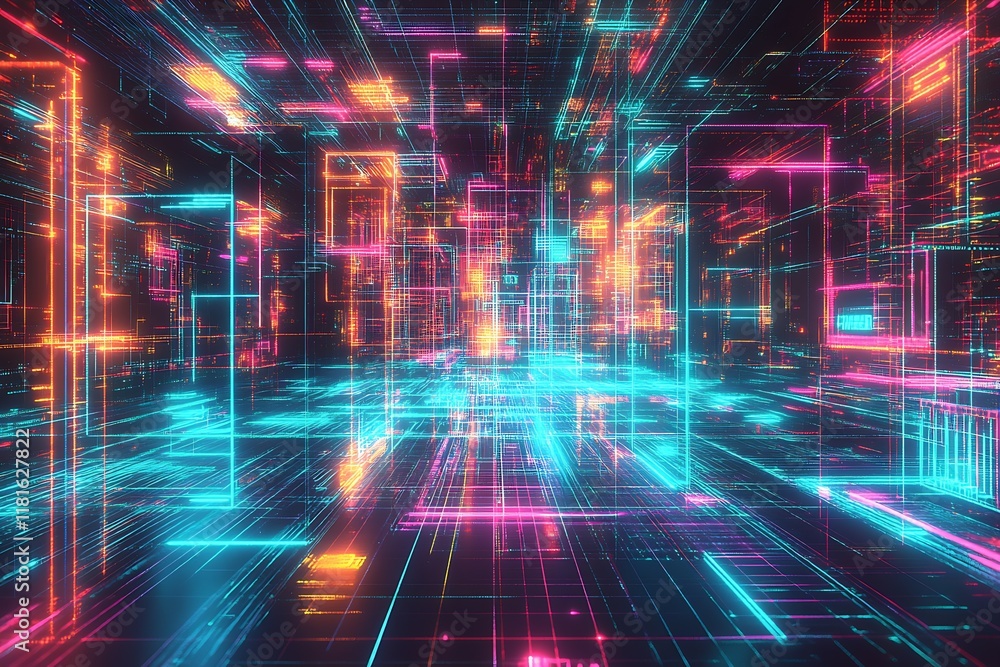 Fototapete dynamic cyber neon matrix with intersecting lines and glowing vibrant cubes : generative ai