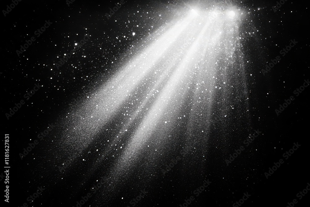 Poster celestial light beams sparkle in dark space; overlay