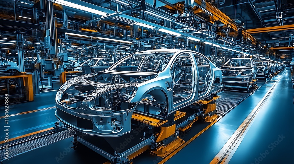 Poster innovative assembly line with robotics in modern car manufacturing facility : generative ai