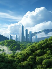 Fototapeta premium Modern skyline surrounded by lush green forest.