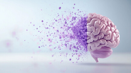 Purple day, Epilepsy awareness concept. 3D depiction of a brain dissolving into purple particles, representing epilepsy awareness.