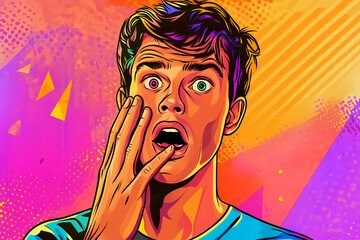 Pop art illustration of a shocked man with a hand on his face, featuring a bold expression, vibrant colors, and an explosive halftone comic background, perfect for dramatic or humorous designs