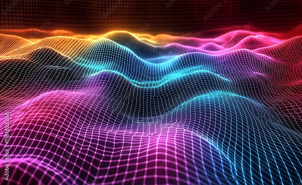 Leinwandbilder Colorful 3D Wave Pattern with Neon Grid and Geometric Mesh in Digital Art : Generative AI