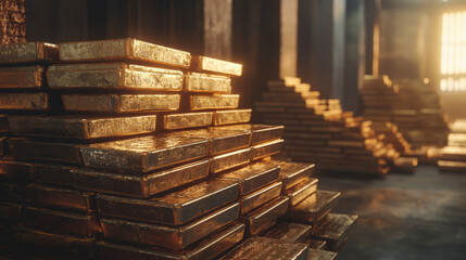 Stacked gold bars illuminated in a secure vault with warm sunlight