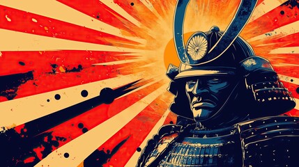 japanese samurai in traditional armor in style of pop art comic illustration