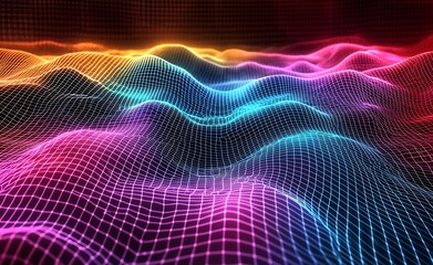 Obraz premium Colorful 3D Wave Pattern with Neon Grid and Geometric Mesh in Digital Art : Generative AI