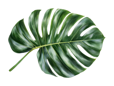 Tropical monstera leaf with glossy green texture, vibrant plant element for interior decoration, botanical designs or nature-inspired themes isolated on transparent background