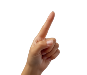 Hand with index finger pointing upwards for emphasis on indication or gesture. Isolated on transparent background, png.