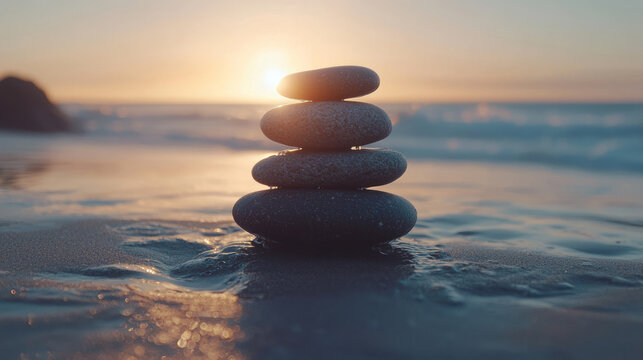 Zen stones stacked on sandy beach at sunset with calming ocean waves - Powered by Adobe