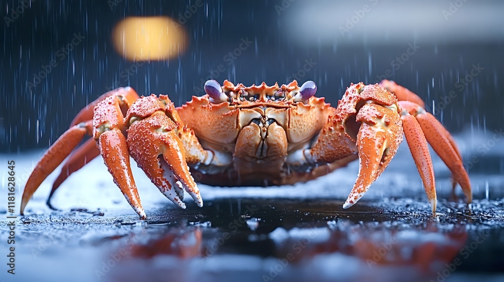 Poster large cooked red crab with long legs and claws, standing proudly on a wet dark surface while heavy r