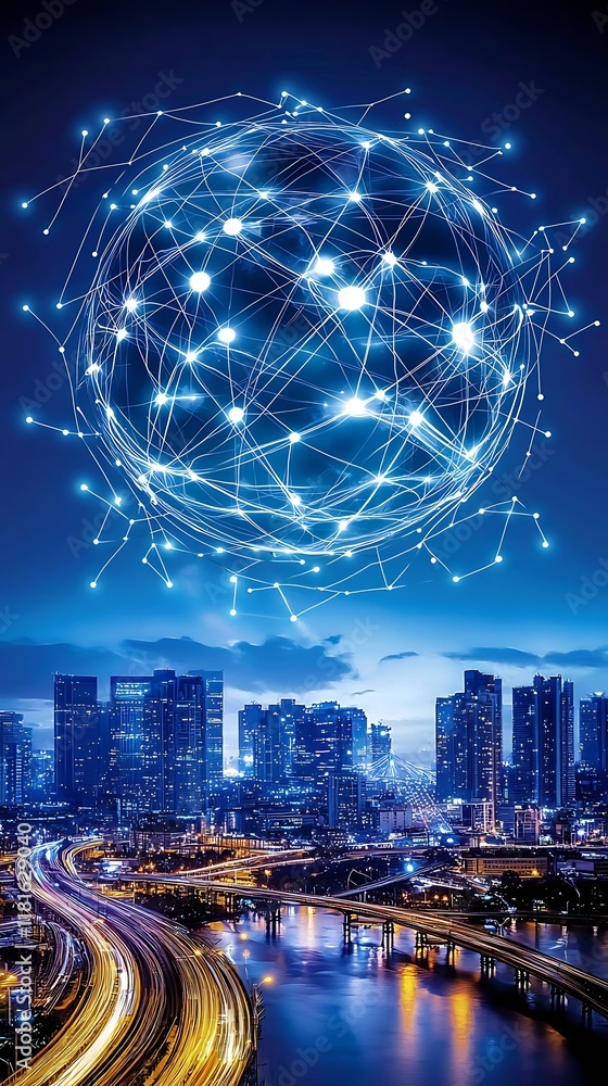 Poster Global Digital Connectivity Concept with Illuminated Urban Skyline : Generative AI