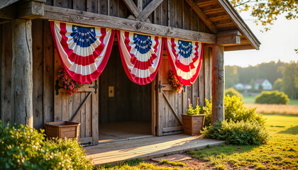 Rustic barn decorated with red, white, and blue bunting