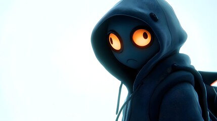A character with large, glowing eyes in a dark hoodie, set against a bright background.