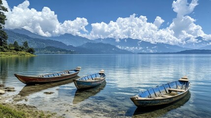 Serene Mountain Lake with Traditional Boats