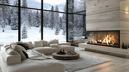 Cozy Winter Cabin Interior Design with Fireplace and Snowy Forest View