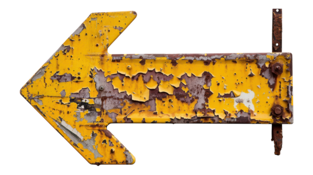Rusty Yellow Road Sign Arrow Pointing Left for Directional Guidance in Various Applications