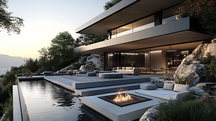 Fototapeta premium Contemporary Hillside Villa with Modern Design and Scenic Oceanfront Pool : Generative AI