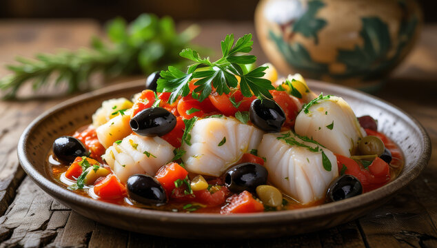  Italian baccala in a savory style with olive flavors representing traditional cuisine 