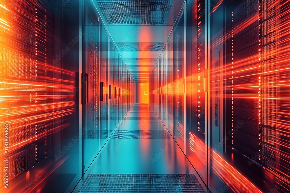 Poster futuristic networking server room with speeding light effects : generative ai