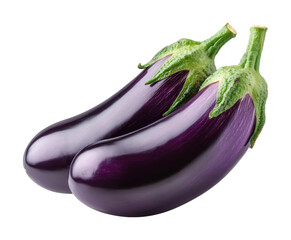 Two fresh eggplants with shiny purple skin and green stems, organic vegetable for healthy cooking, natural food, and diet ingredients isolated on transparent background