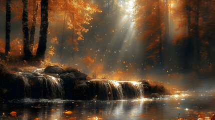 Naklejka premium Autumn Waterfall Flows into River with Golden Leaves Gently Falling