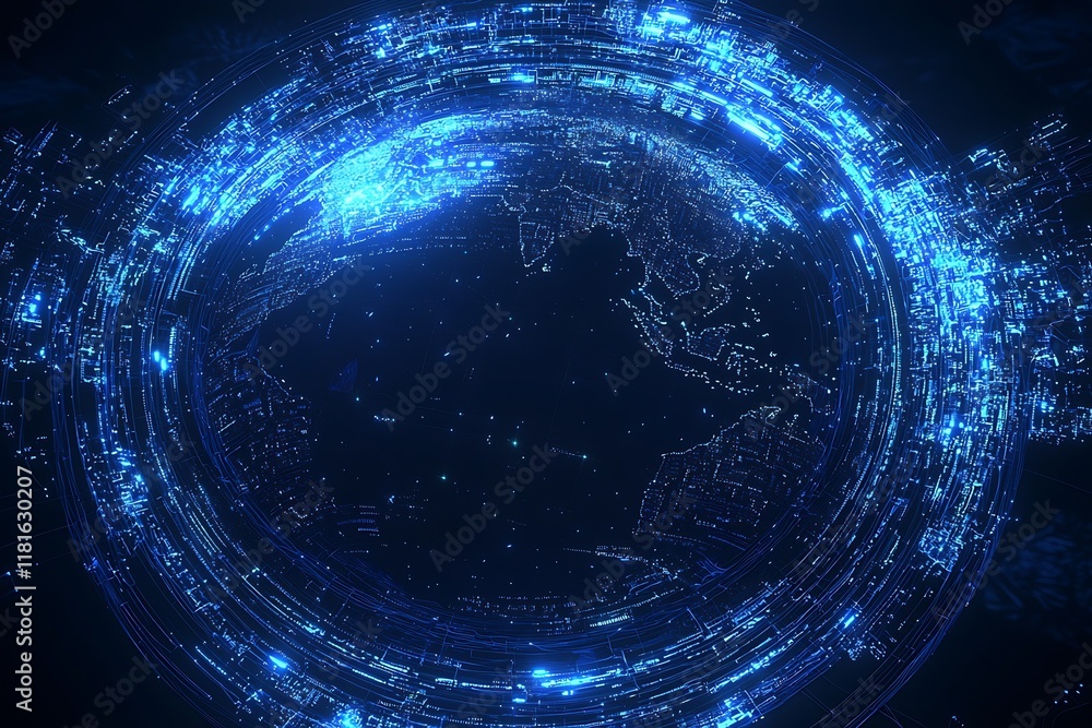 Poster digital earth encircled by glowing blue lights in a futuristic space technology theme : generative a