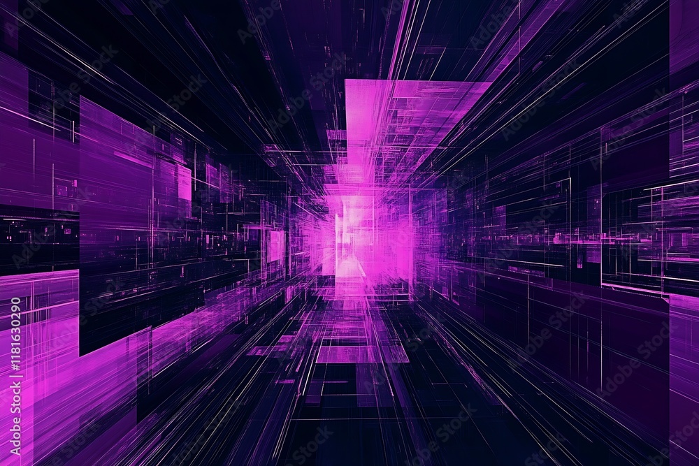 Poster digital purple neon cyber space with matrix patterns and geometric design in futuristic tunnel art s