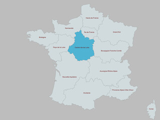 Detailed Map Highlighting Centre-Val de Loire Region of France.