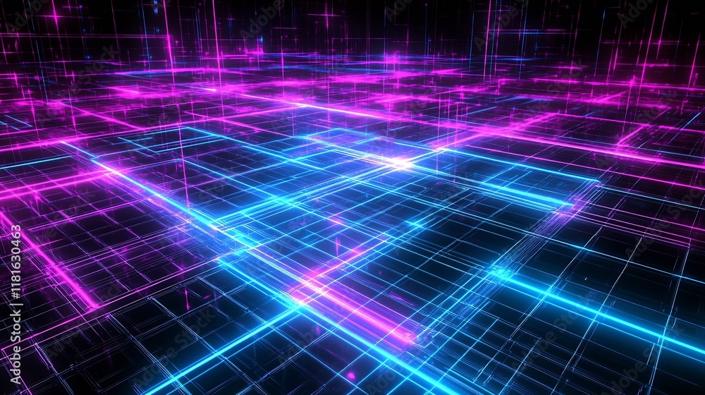 Poster futuristic neon grid landscape with pink and blue glowing lines in a digital matrix : generative ai