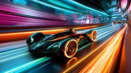Fototapeta premium Futuristic race car speeding through neon city streets urban environment dynamic motion nighttime high-tech concept