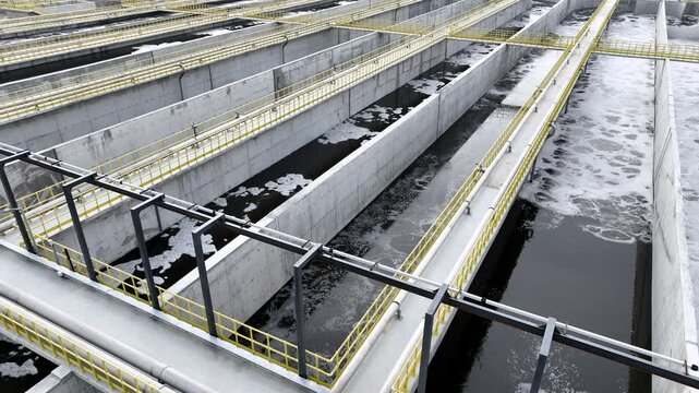 Pools in the wastewater treatment plant - water treatment plant drone footage