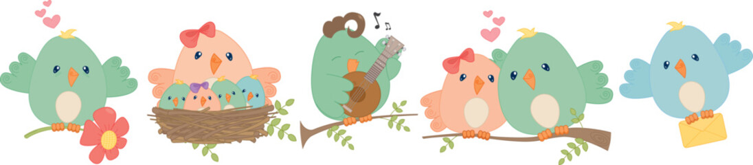 Set of cartoon birds in love sitting on a branch. Сute characters doing different actions.