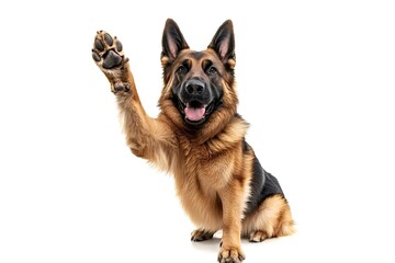 Studio shot featuring an adorable german shepherd dog sitting and proudly giving a high five, set against a clean white background, highlighting its friendly and playful nature