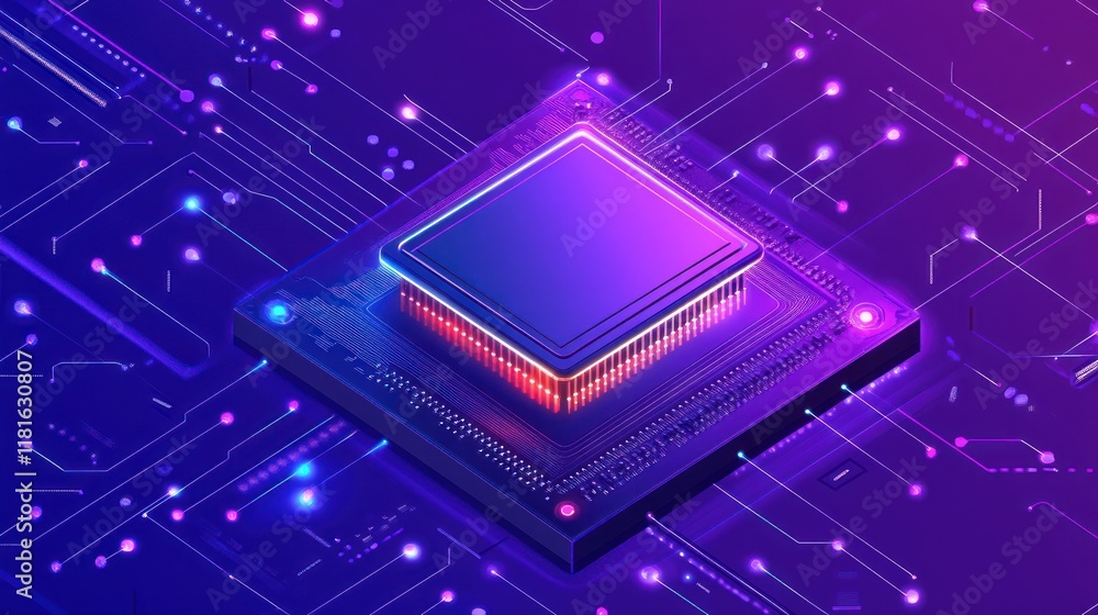 Poster high-tech microchip: a futuristic digital processor on circuit board