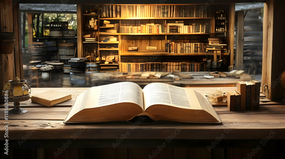 Poster open book rests on table in library with bookshelves