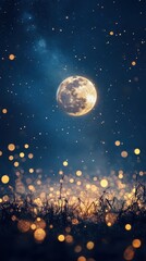 Ethereal Night Sky with Full Moon, Sparkling Bokeh, and Silhouetted Grass