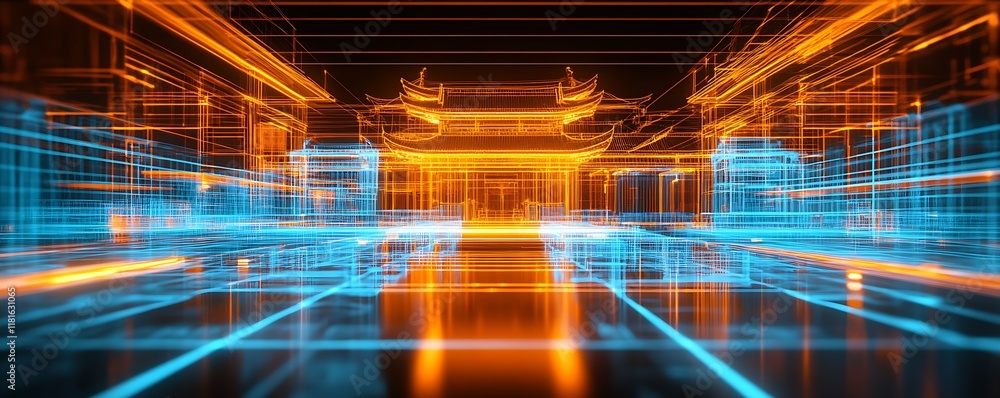 Poster Futuristic Neon City Abstract Digital Wireframe with Illuminated Symmetrical Structures : Generative AI