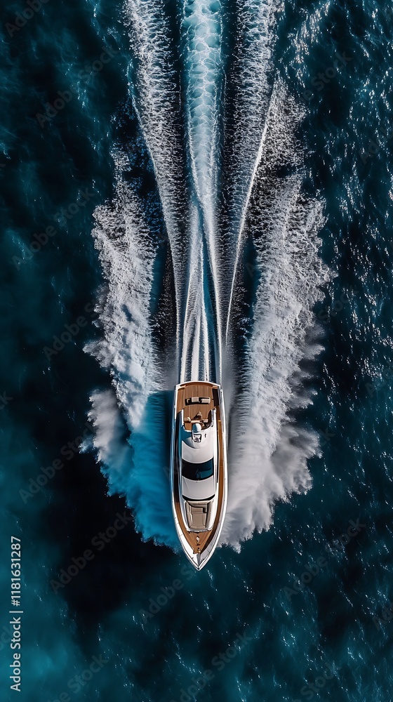 Poster luxury yacht creating wake on deep blue ocean from aerial perspective : generative ai