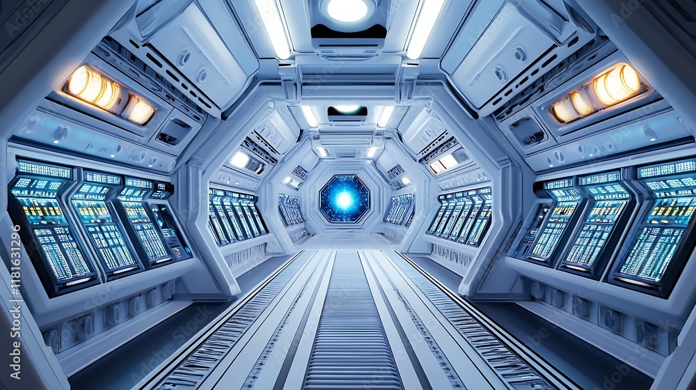 Aufkleber sleek futuristic spaceship hallway with digital screens and ambient blue lighting : generative ai