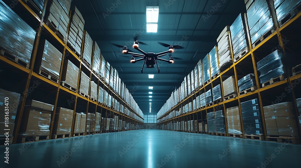 Poster Advanced Drone Maneuvering Through Tech Savvy Warehouse with Stacked Pallets : Generative AI
