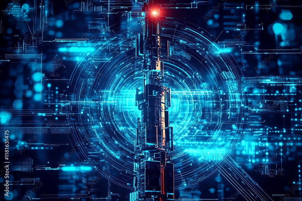 Poster futuristic cybernetic cityscape with digital circuitry and bright neon lights : generative ai