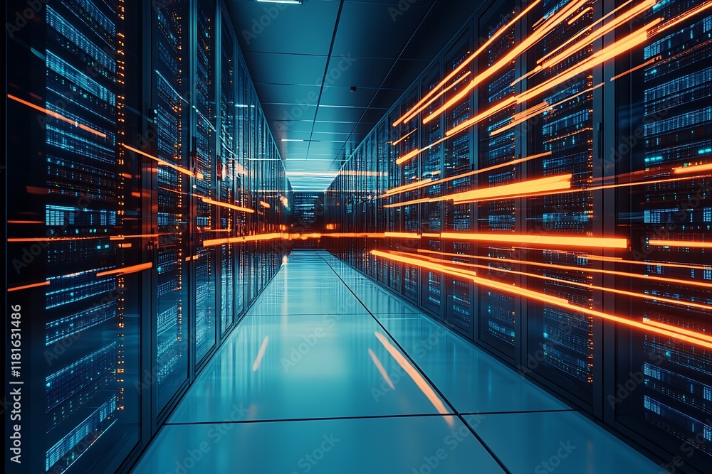 Leinwandbilder High-Tech Data Center Corridor with Dynamic Cyber Connection Visualization : Generative AI