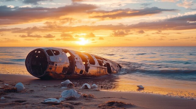 A sunlit beach with a mysterious object washed ashore at sunset, creating an intriguing landscape and a sense of adventure.