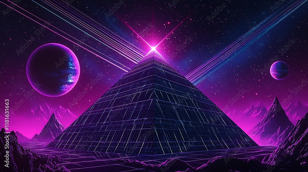 Poster futuristic neon lit pyramid with planets and mountainous terrain in space : generative ai