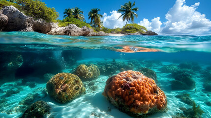 Fototapeta premium Tropical Island Paradise Meets Underwater Coral Reef Exploration Serenely