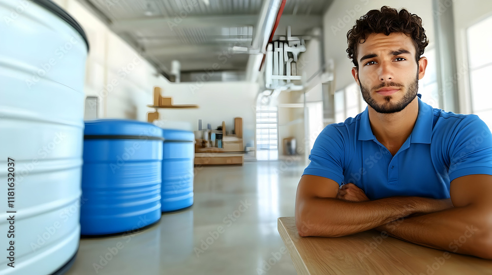 Poster man sits at table in factory with blue barrels efficiently stored
