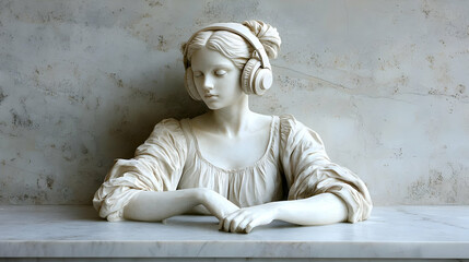 Sculpture Listens to Music with Headphones Peacefully on Marble