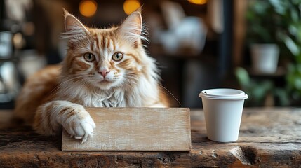 Close-up Photo: Majestic Maine Coon Cat Serenely Poses with Coffee Shop Mockup Sign. AI Generated