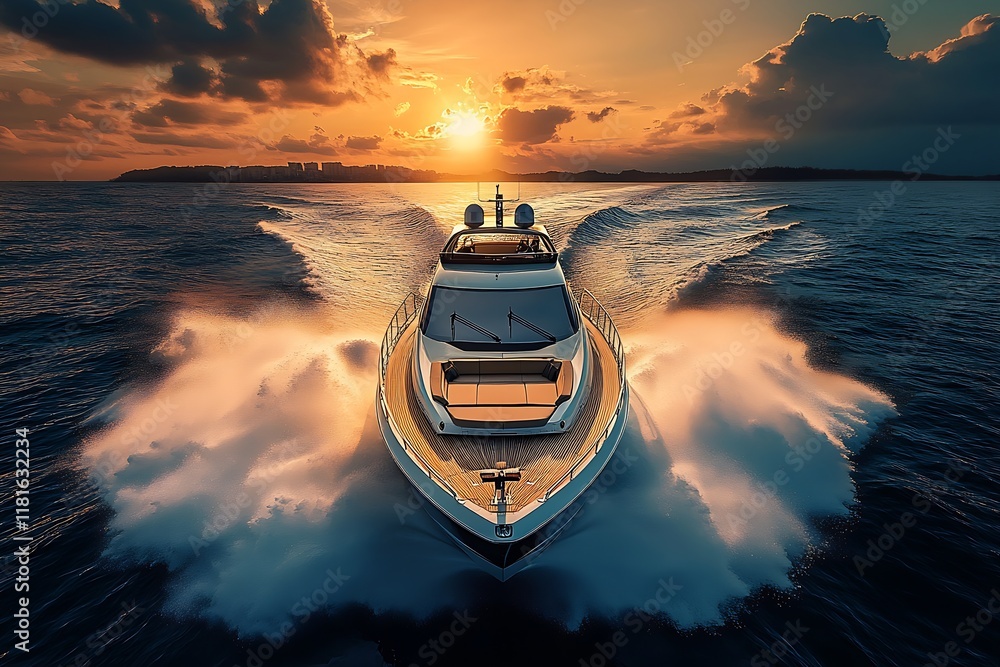Aufkleber luxurious yacht at sunset navigating the open ocean with dramatic sky : generative ai