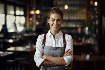 Confident Waitress Standing with Arms Crossed and Smiling at the Camera in a Professional Setting. Perfect for Hospitality and Cafe Themes